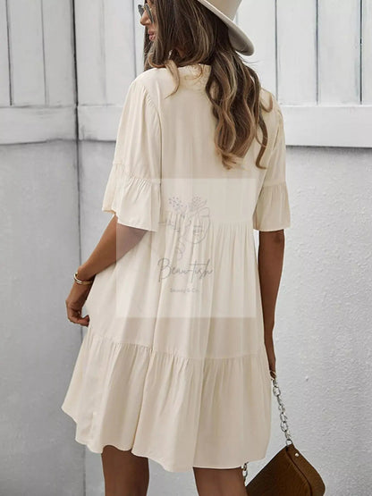 Boho Ruffle Sleeve Button Down Tiered Mini Dress