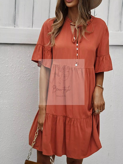 Boho Ruffle Sleeve Button Down Tiered Mini Dress