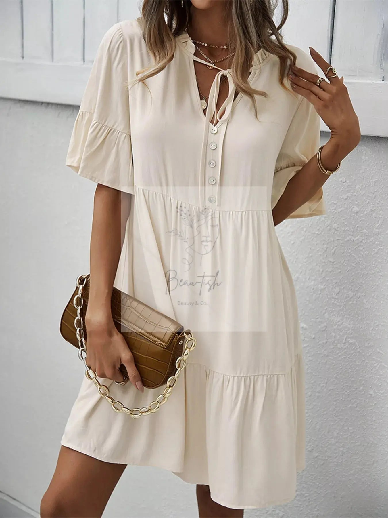 Boho Ruffle Sleeve Button Down Tiered Mini Dress