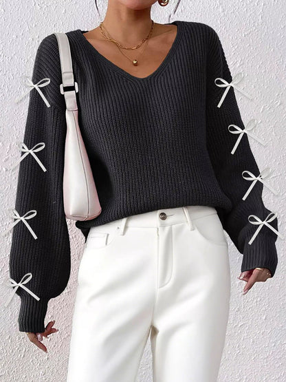Bow-Tie Sleeve V-Neck Sweater