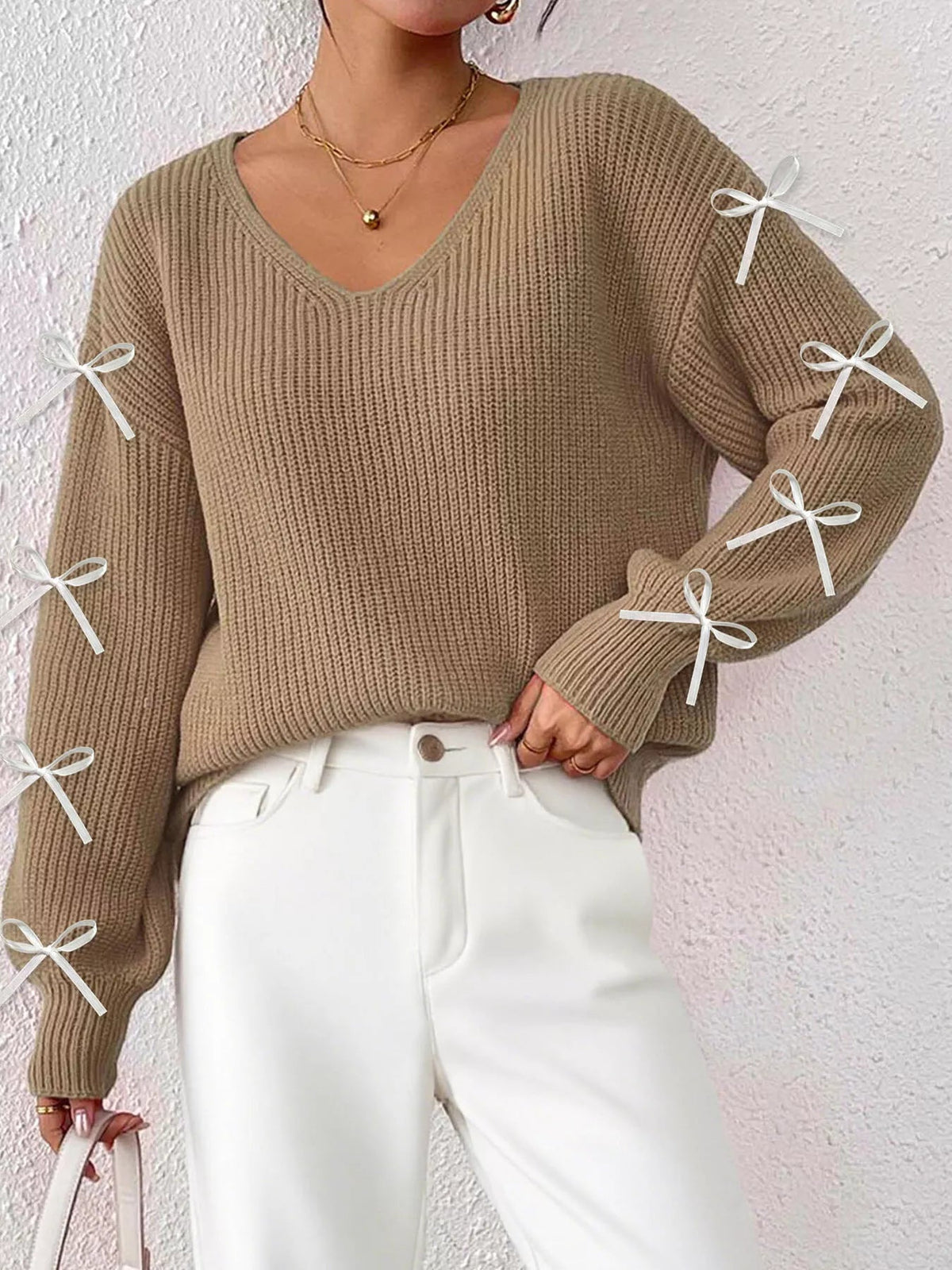 Bow-Tie Sleeve V-Neck Sweater