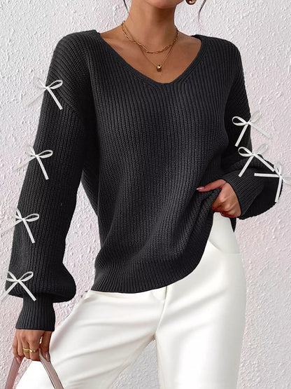 Bow-Tie Sleeve V-Neck Sweater