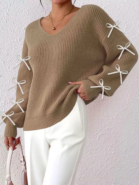 Bow-Tie Sleeve V-Neck Sweater