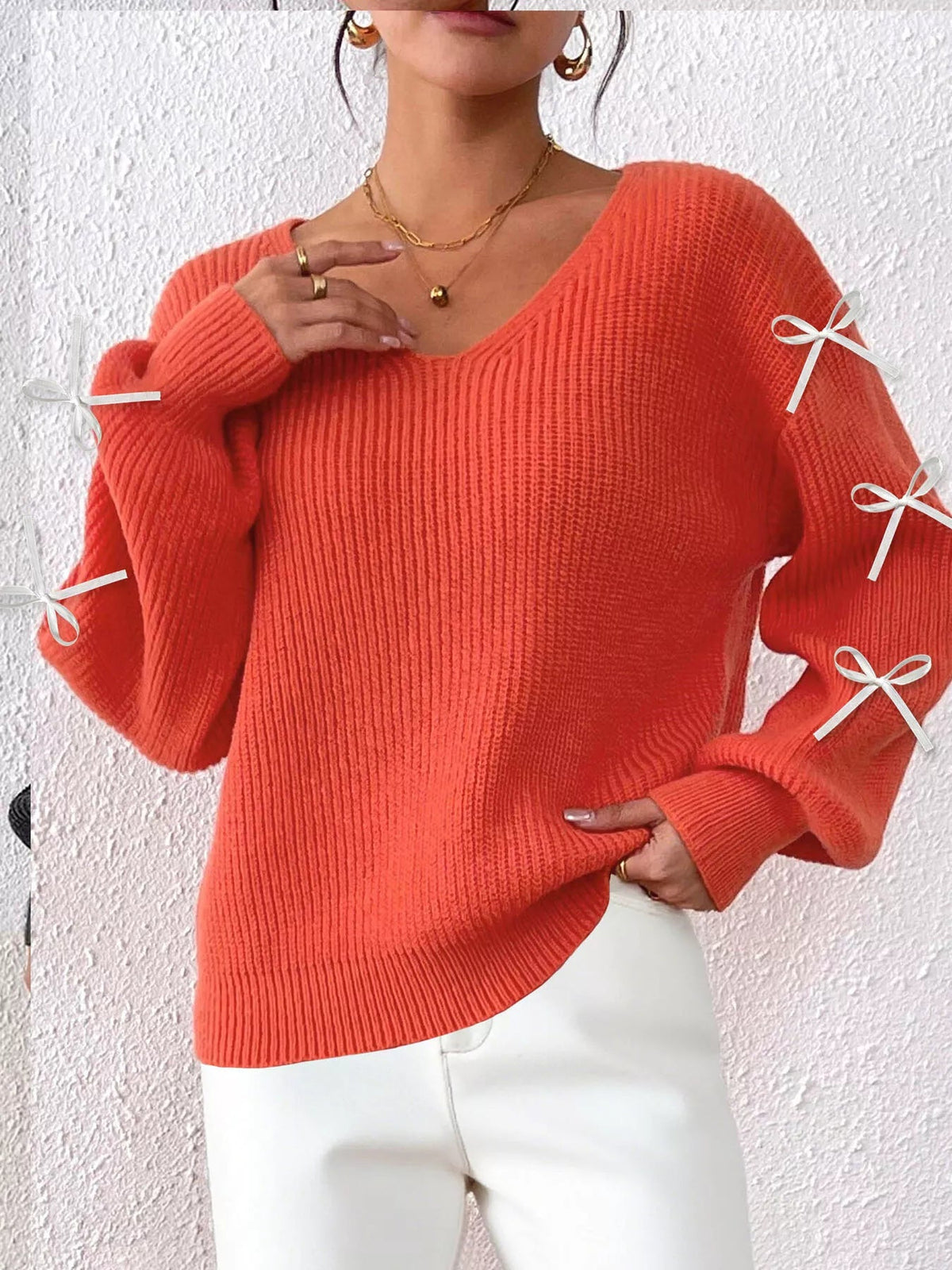 Bow-Tie Sleeve V-Neck Sweater