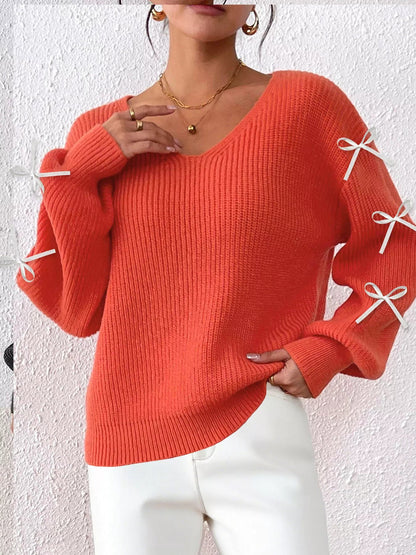 Bow-Tie Sleeve V-Neck Sweater