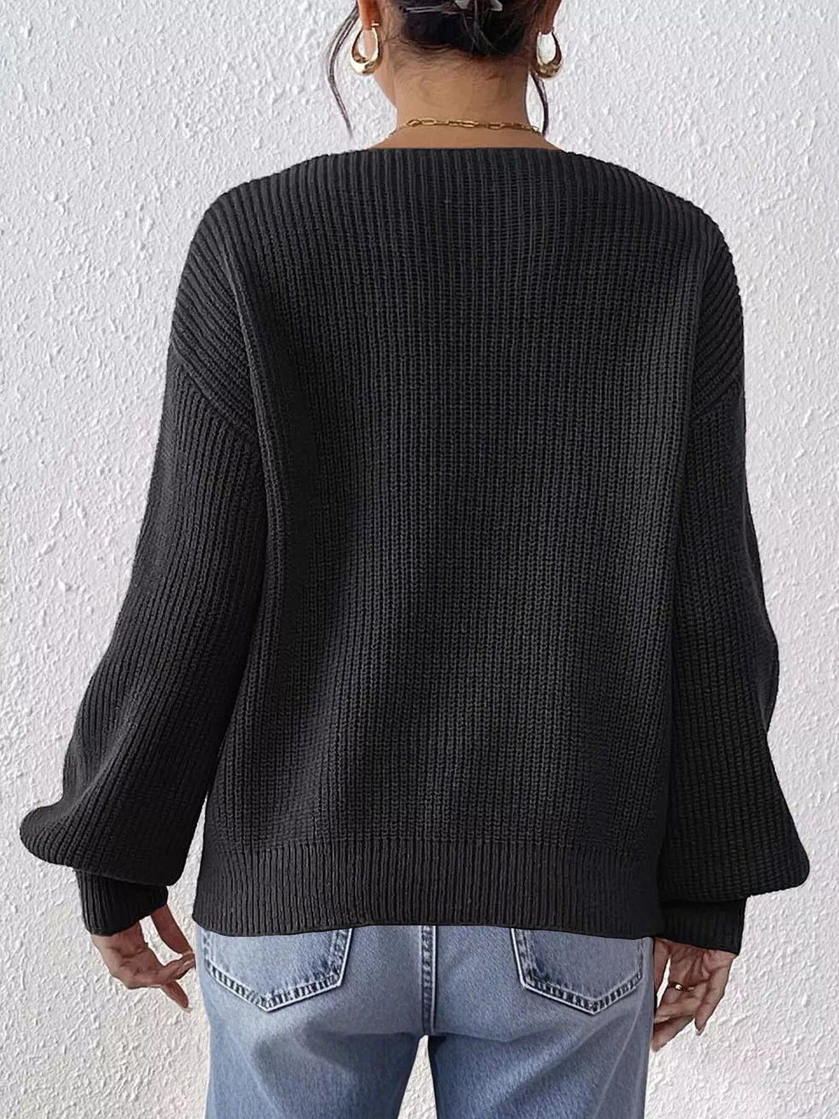 Bow-Tie Sleeve V-Neck Sweater
