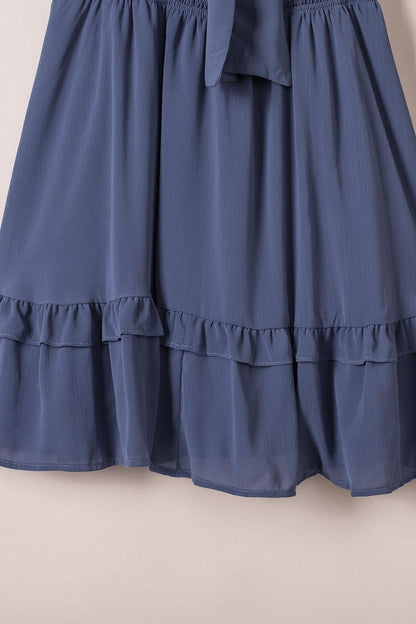 Bow-Tie V-Neck Ruffle Hem Mini Dress