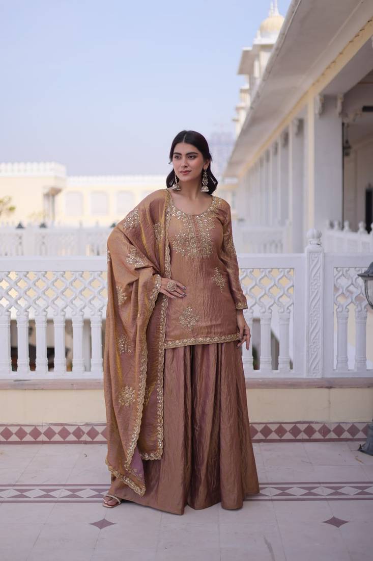 Brown Zari & Sequin Sharara Set