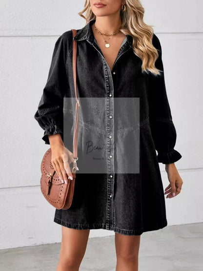 Button Down Ruffle Cuff Denim Dress