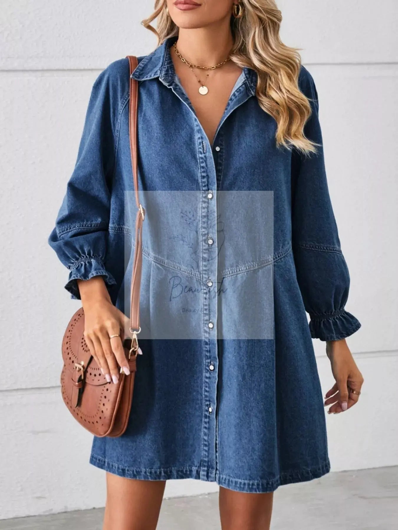 Button Down Ruffle Cuff Denim Dress