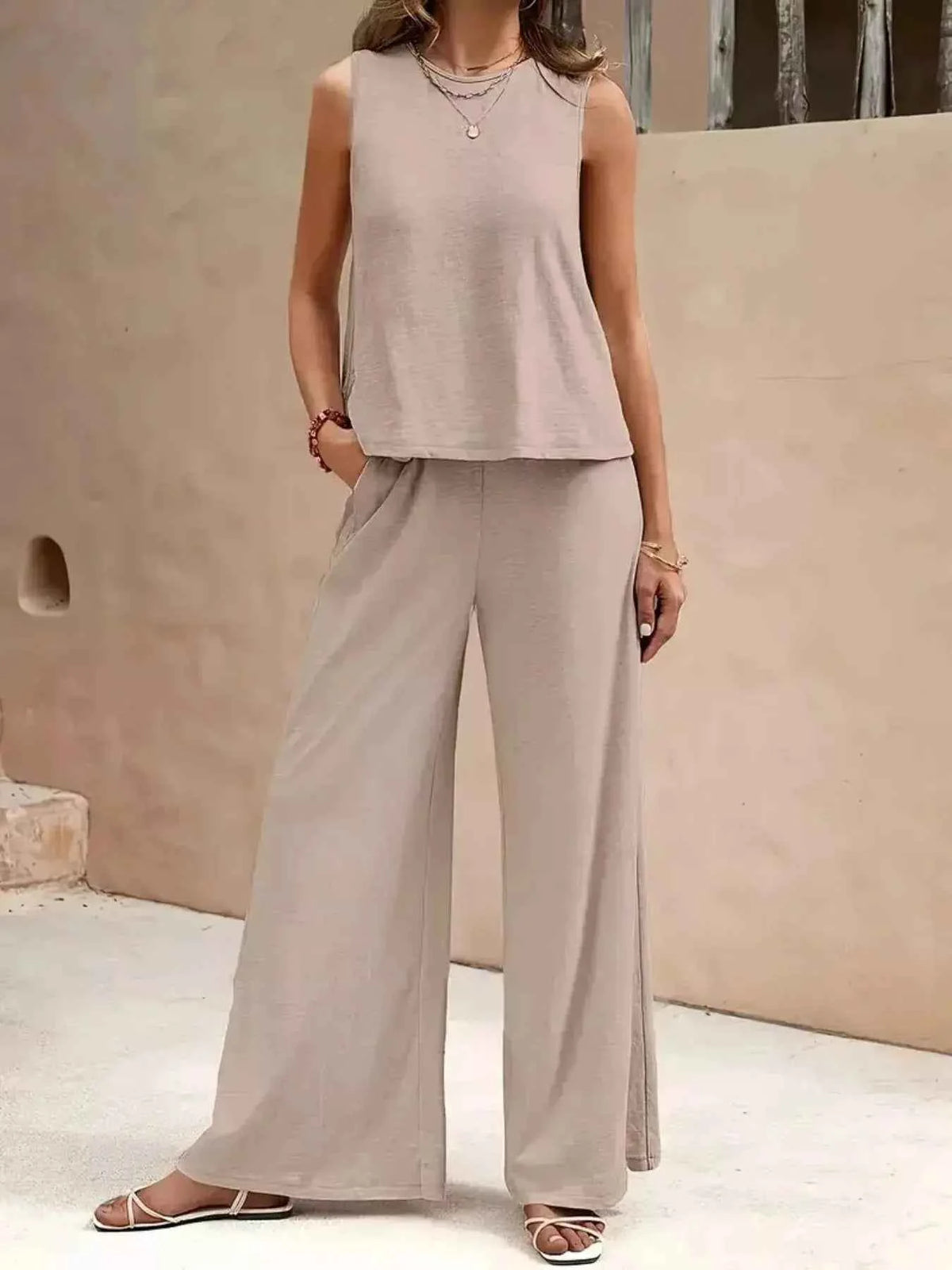 Sleeveless Top and Wide Leg Pants Set