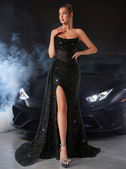 Sequin Evening Gown with Statement Slit