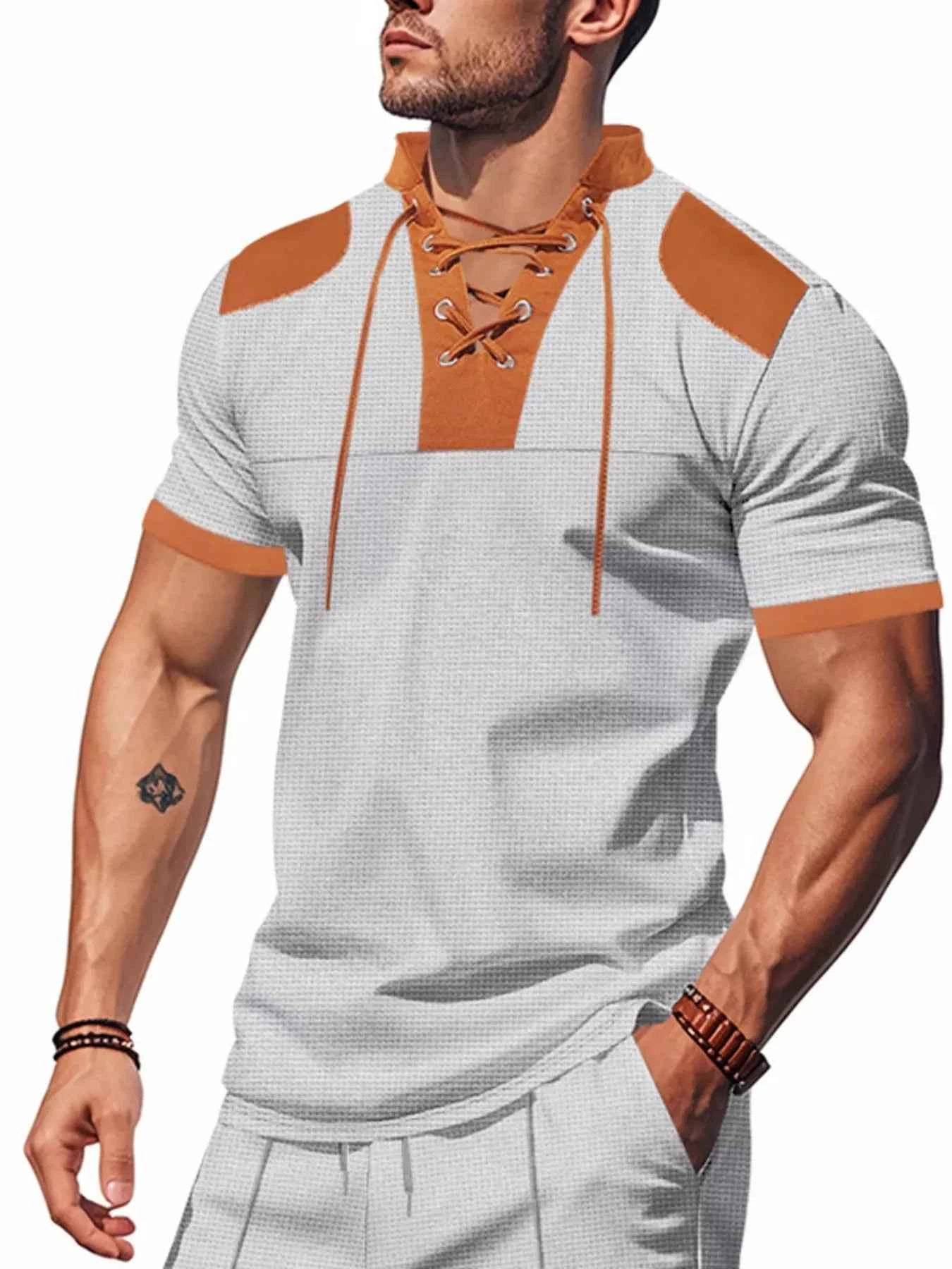 Men's Full Size Lace-Up Neckline Short Sleeve T-Shirt Plus Size