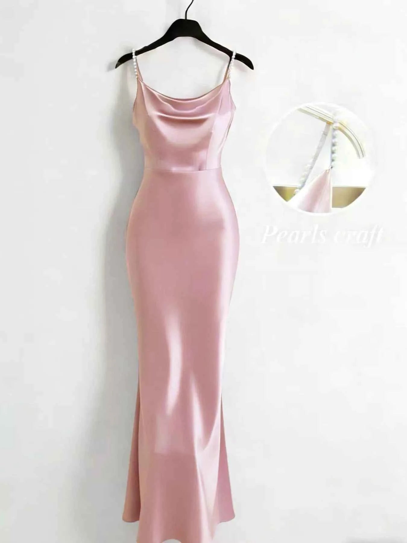 Pearl Strap Cowl Neck Satin Maxi Dress
