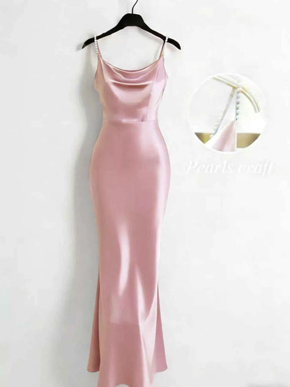 Pearl Strap Cowl Neck Satin Maxi Dress