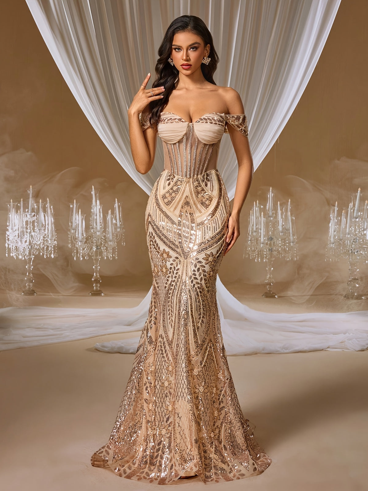 One-Shoulder Sequin Fishtail Evening Dress
