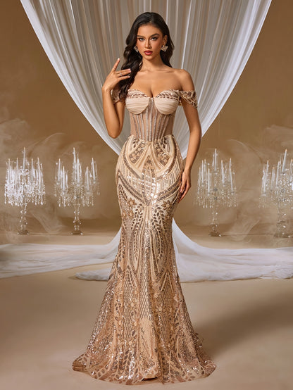 One-Shoulder Sequin Fishtail Evening Dress