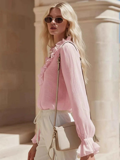 Ruffled V-Neck Long Sleeve Blouse