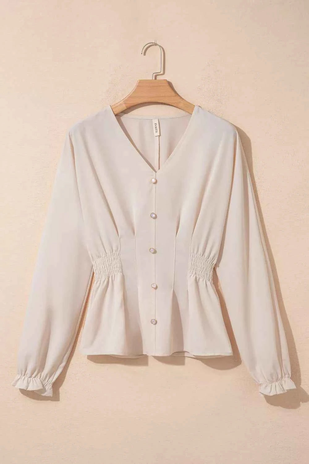 V Neck Long Sleeve Smocked Waist Elegant Blouse
