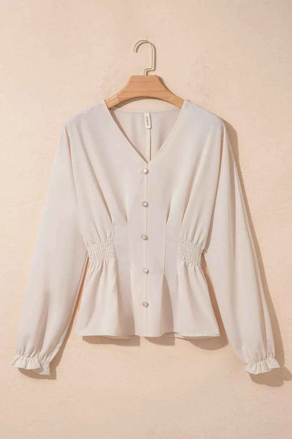 V Neck Long Sleeve Smocked Waist Elegant Blouse