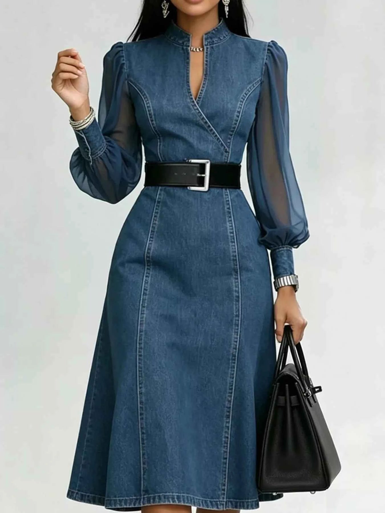 Denim Midi Dress with Sheer Sleeves