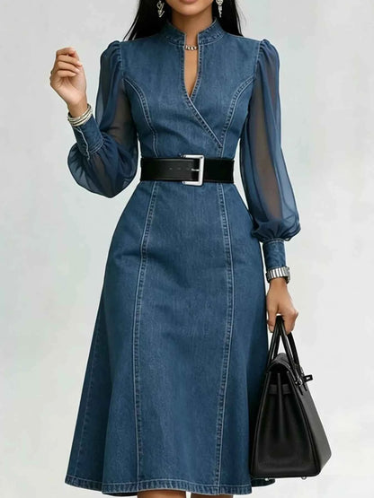 Denim Midi Dress with Sheer Sleeves