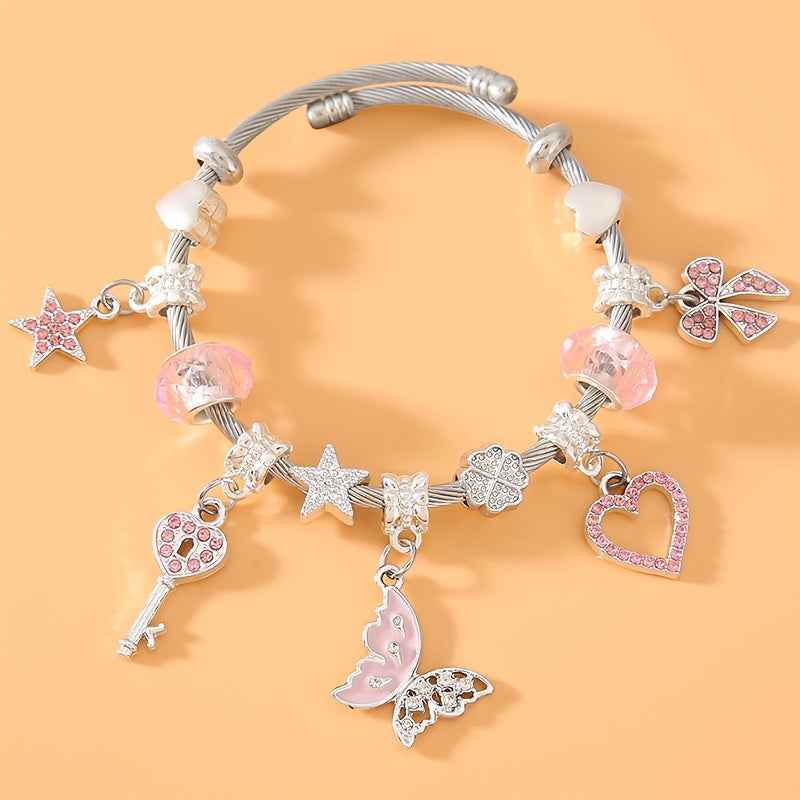 Pink Vintage Minimalist Style Women's Stainless Steel Adjustable Bracelet with Key Pendant, Butterfly, Butterfly Festival, Heart-shaped Pendant, Star Style