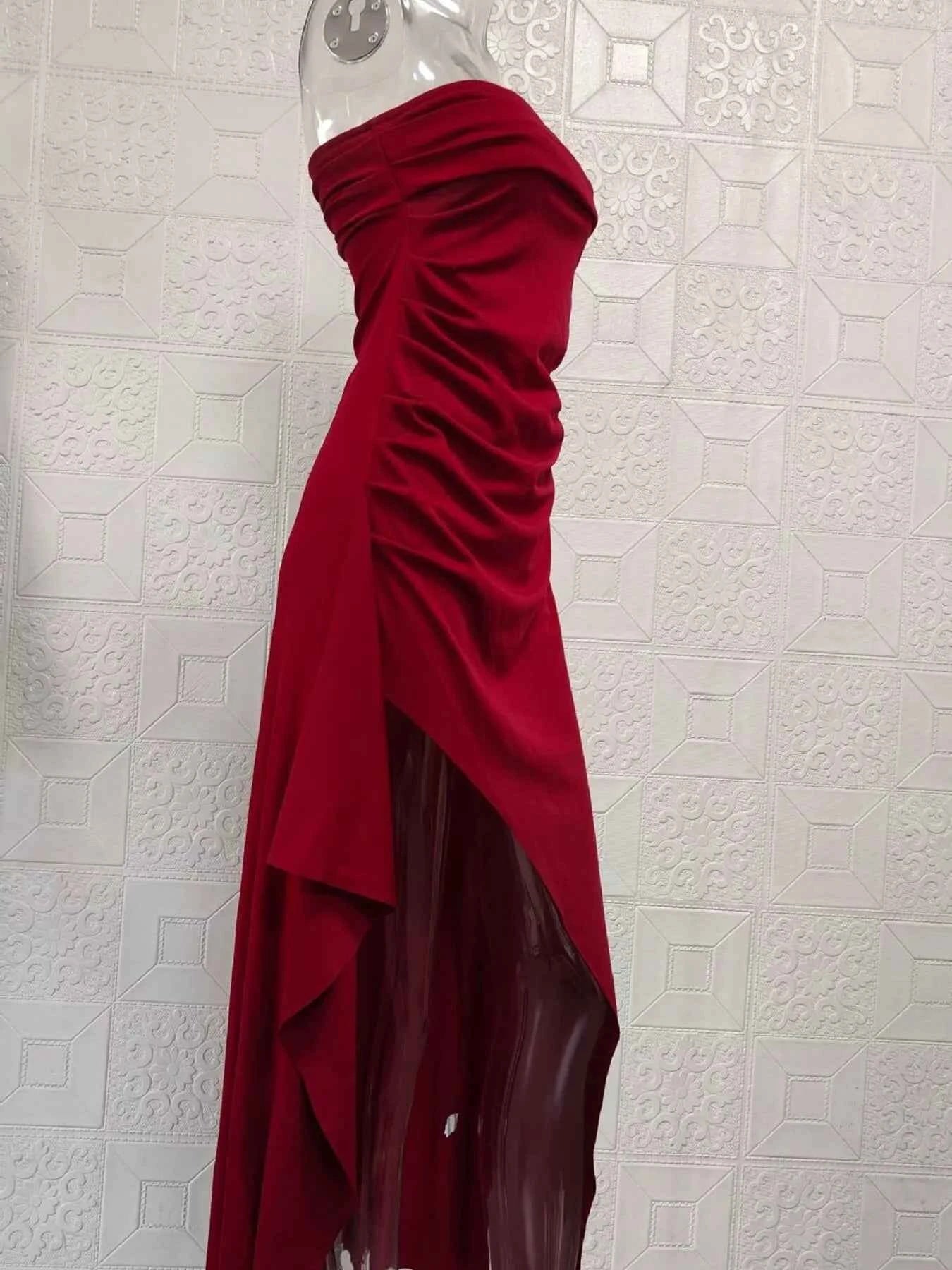 Strapless Ruched High Slit Maxi Dress