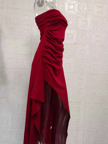 Strapless Ruched High Slit Maxi Dress