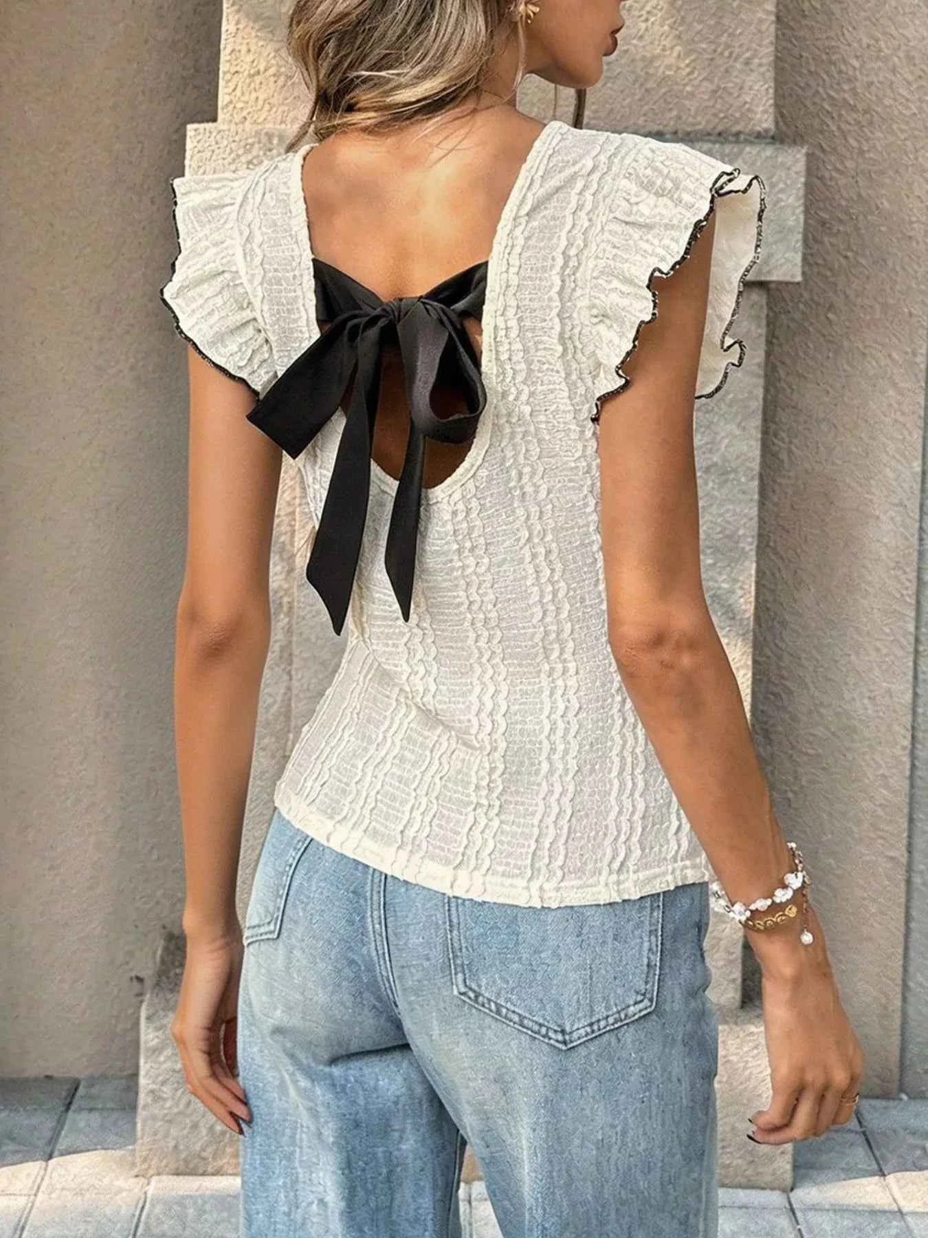 Textured Ruffle Sleeve Slim Fit Top