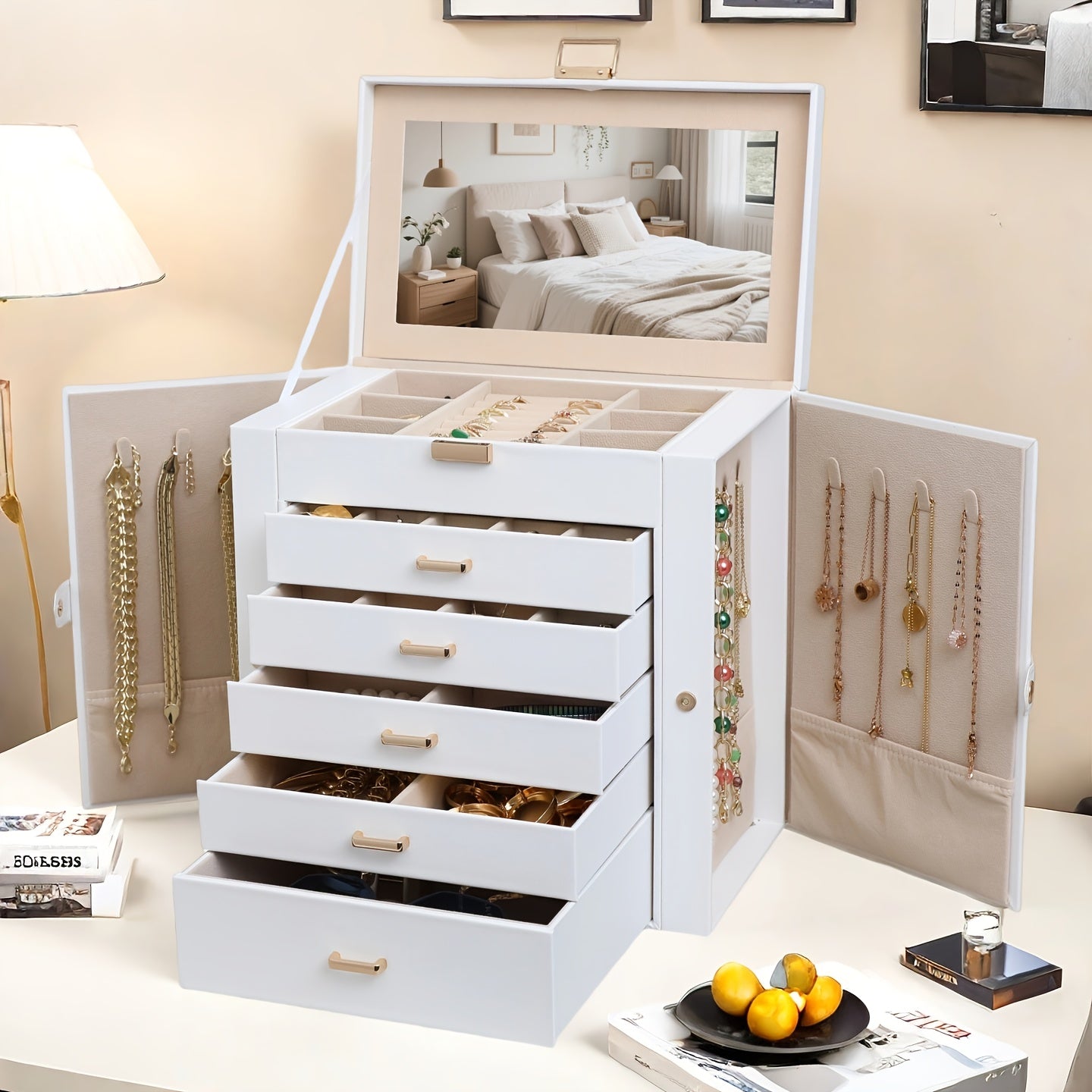 Large 6-Layer Double-Door Jewellery Box with Flip Mirror & Drawers
