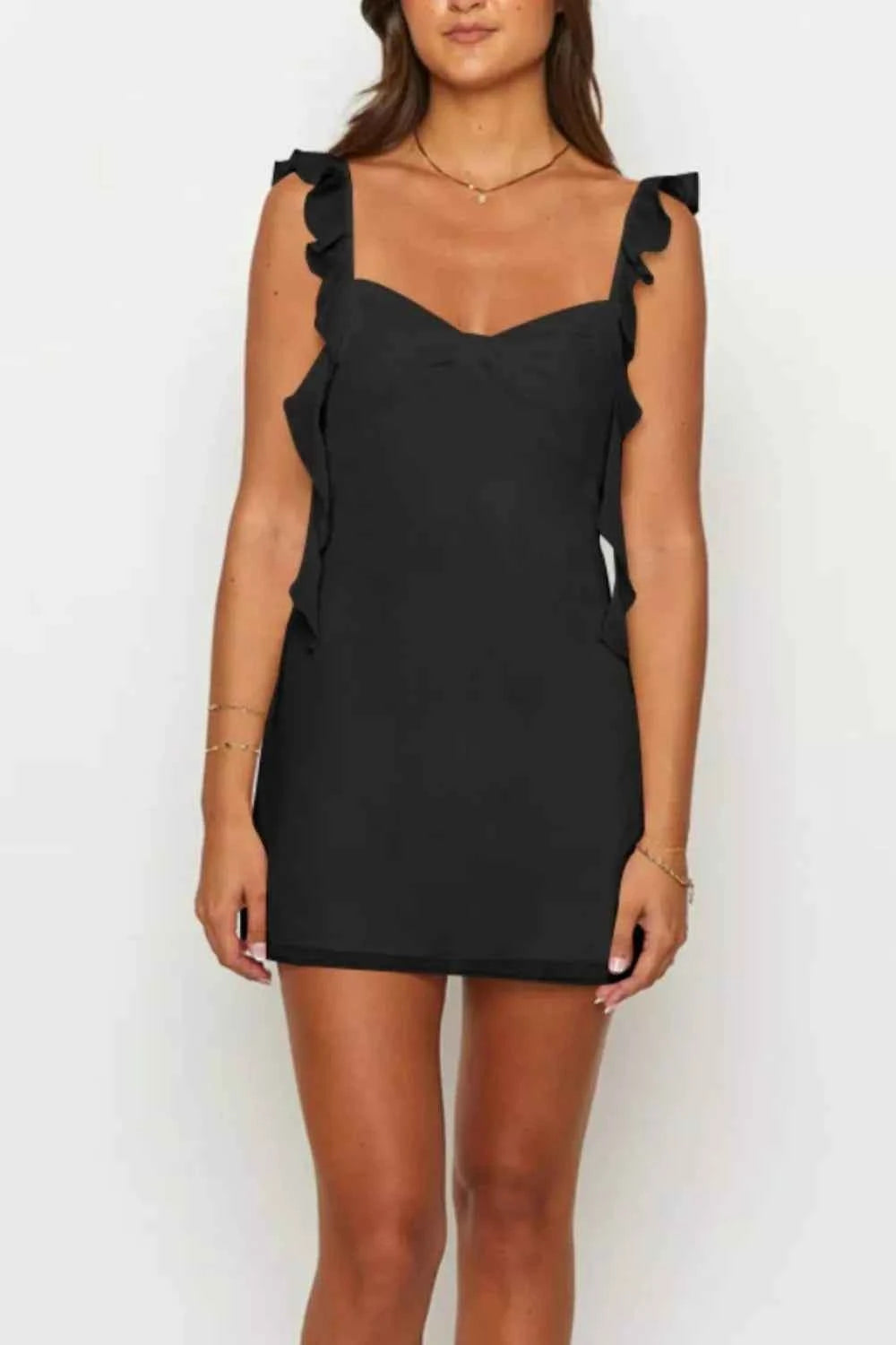 Ruffle Strap Sweetheart Neck Mini Dress