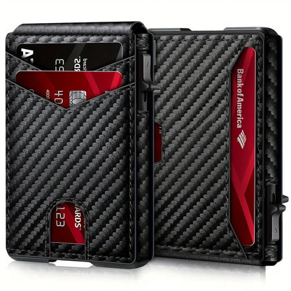 Carbon Fiber Slim Bifold Wallet for Men with RFID Blocking Pop-up Card Ejector and Magnetic Closure Minimalist Design
