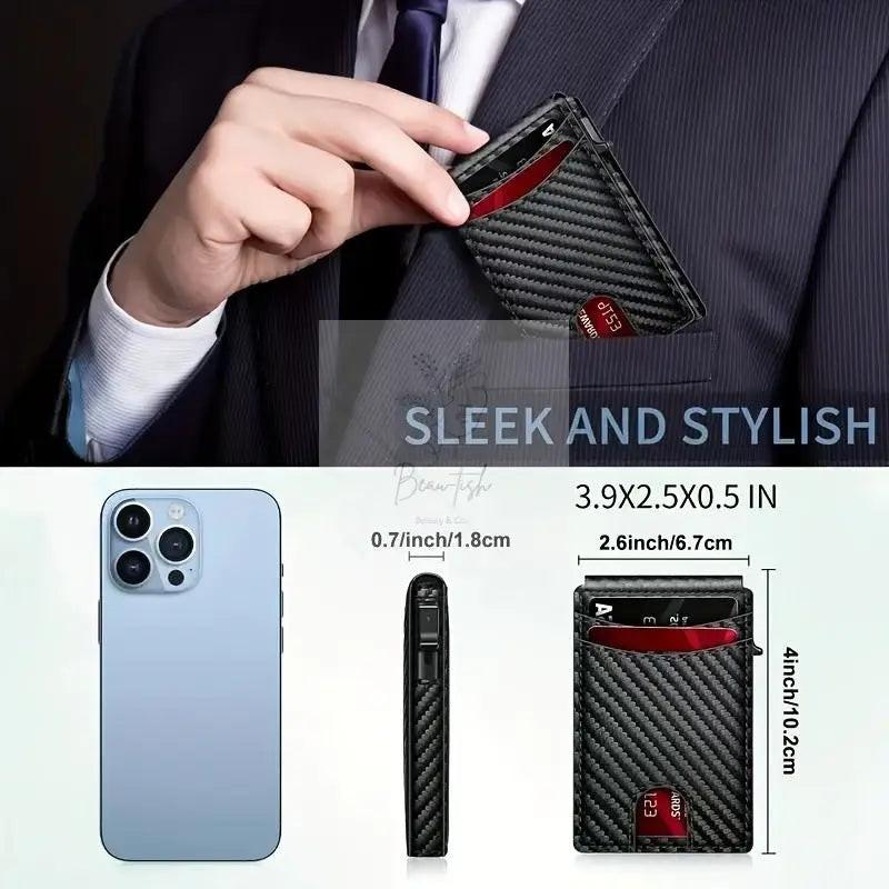 Carbon Fiber Slim Bifold Wallet for Men with RFID Blocking Pop-up Card Ejector and Magnetic Closure Minimalist Design