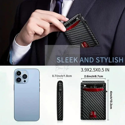 Carbon Fiber Slim Bifold Wallet for Men with RFID Blocking Pop-up Card Ejector and Magnetic Closure Minimalist Design