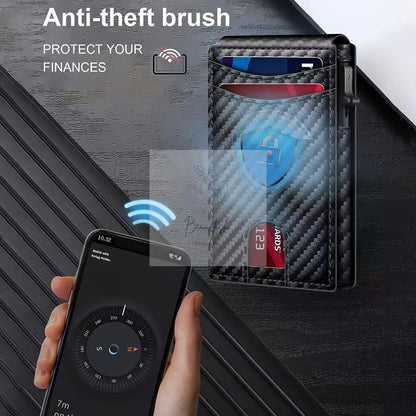 Carbon Fiber Slim Bifold Wallet for Men with RFID Blocking Pop-up Card Ejector and Magnetic Closure Minimalist Design