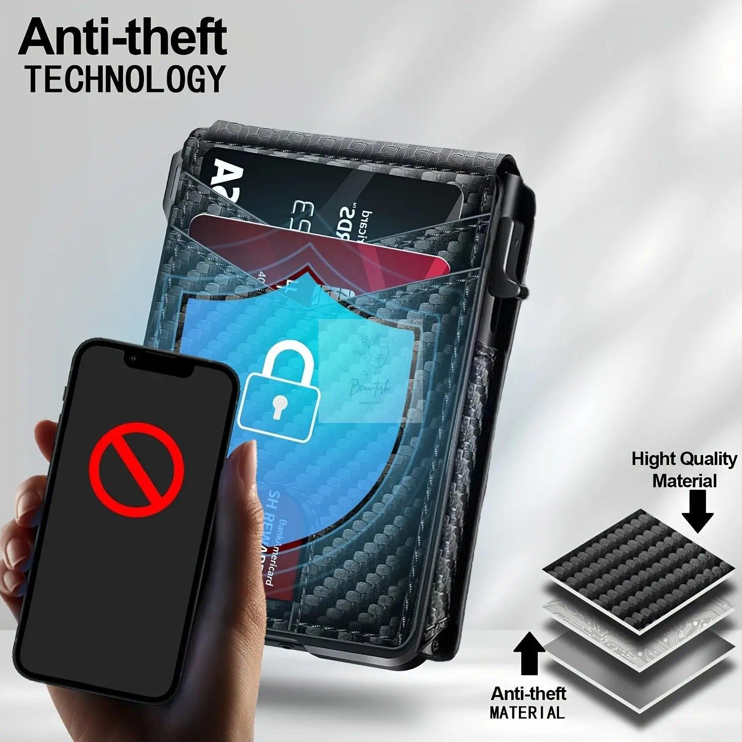 Carbon Fiber Slim Bifold Wallet for Men with RFID Blocking Pop-up Card Ejector and Magnetic Closure Minimalist Design