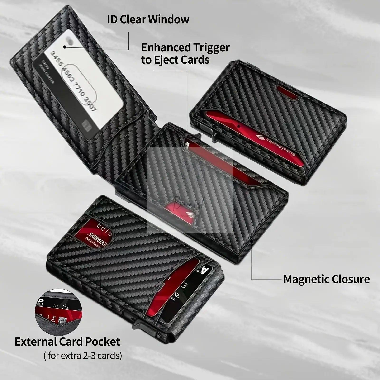 Carbon Fiber Slim Bifold Wallet for Men with RFID Blocking Pop-up Card Ejector and Magnetic Closure Minimalist Design