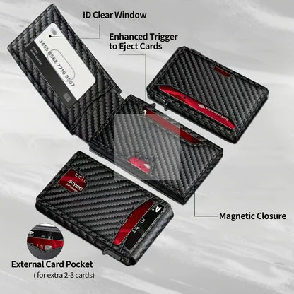 Carbon Fiber Slim Bifold Wallet for Men with RFID Blocking Pop-up Card Ejector and Magnetic Closure Minimalist Design