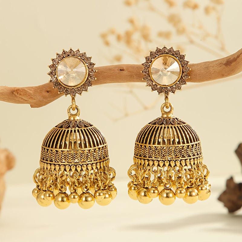 Casual and Simple with Rhinestone Inlay, Hollow-Out Bell, Round Bead, and Tassel Drop, Indian-Pakistani Style Earring