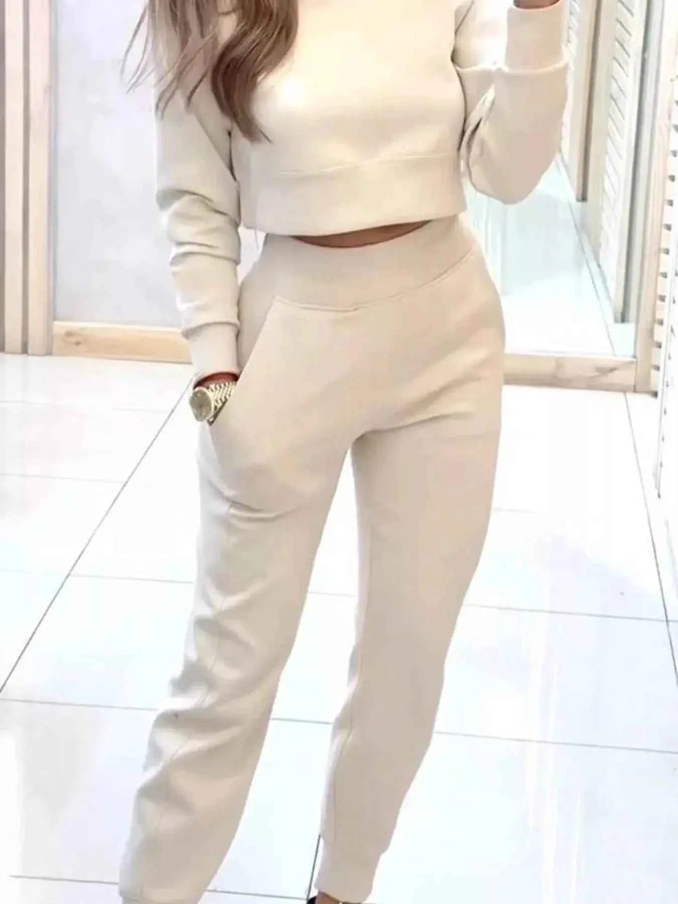 Casual Chic Cropped Sweatshirt and Jogger Set