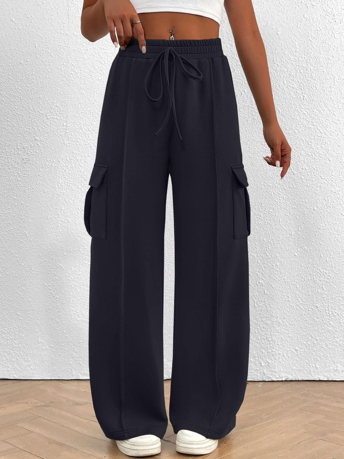 Casual High Waist Cargo Pants with Drawstring