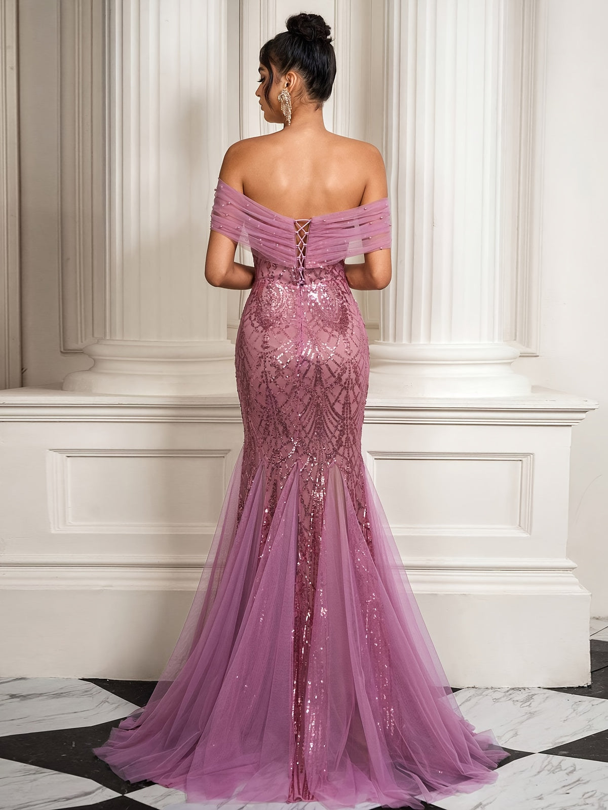 Strapless Sequin Mermaid Gown with Tulle Skirt and Tie-Back Detail