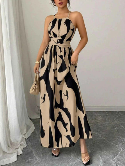 Abstract Print Halter Neck Maxi Dress
