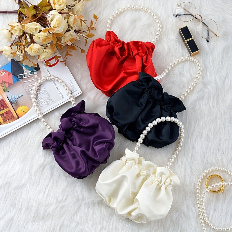 Pearl Satin Handbag – Cute Small Tote & Elegant Evening Bucket Bag