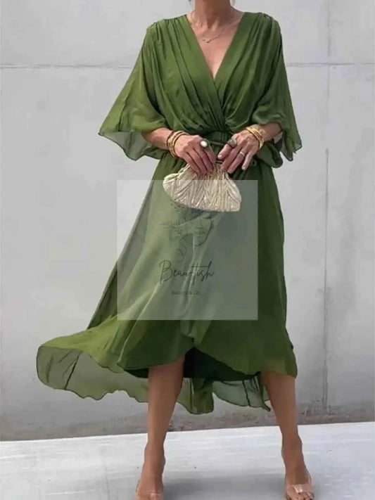 Full Size Flowy Tie Front Midi Dress with Flutter Sleeves Plus Size