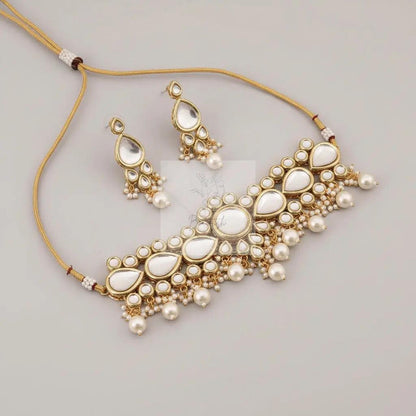 Clustered Pearl Kundan Necklace Set With Gold Plated Uncut Polki