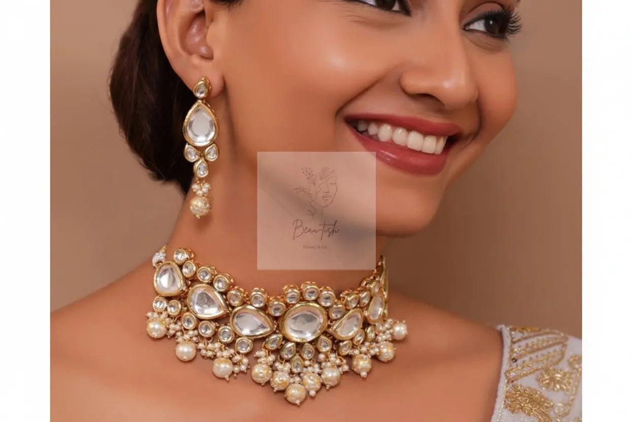Clustered Pearl Kundan Necklace Set With Gold Plated Uncut Polki