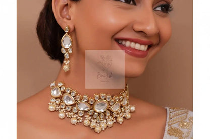 Clustered Pearl Kundan Necklace Set With Gold Plated Uncut Polki
