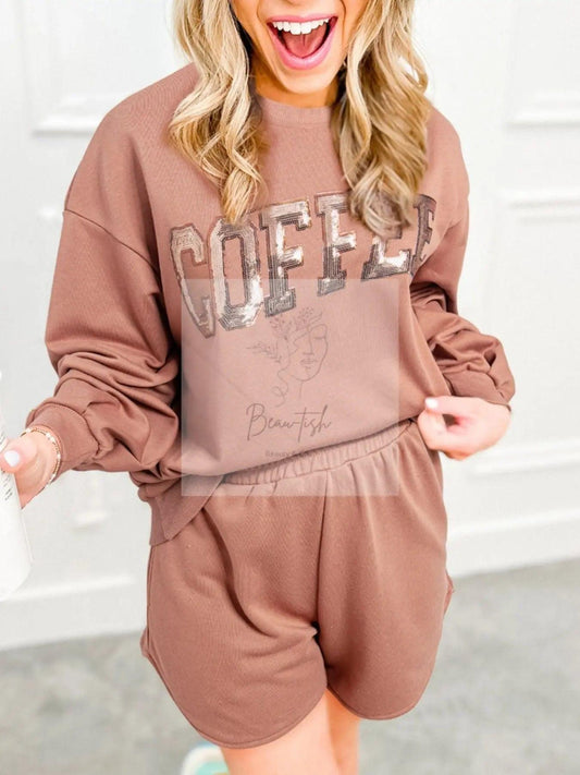 COFFEE Round Neck Sweatshirt and Shorts Set